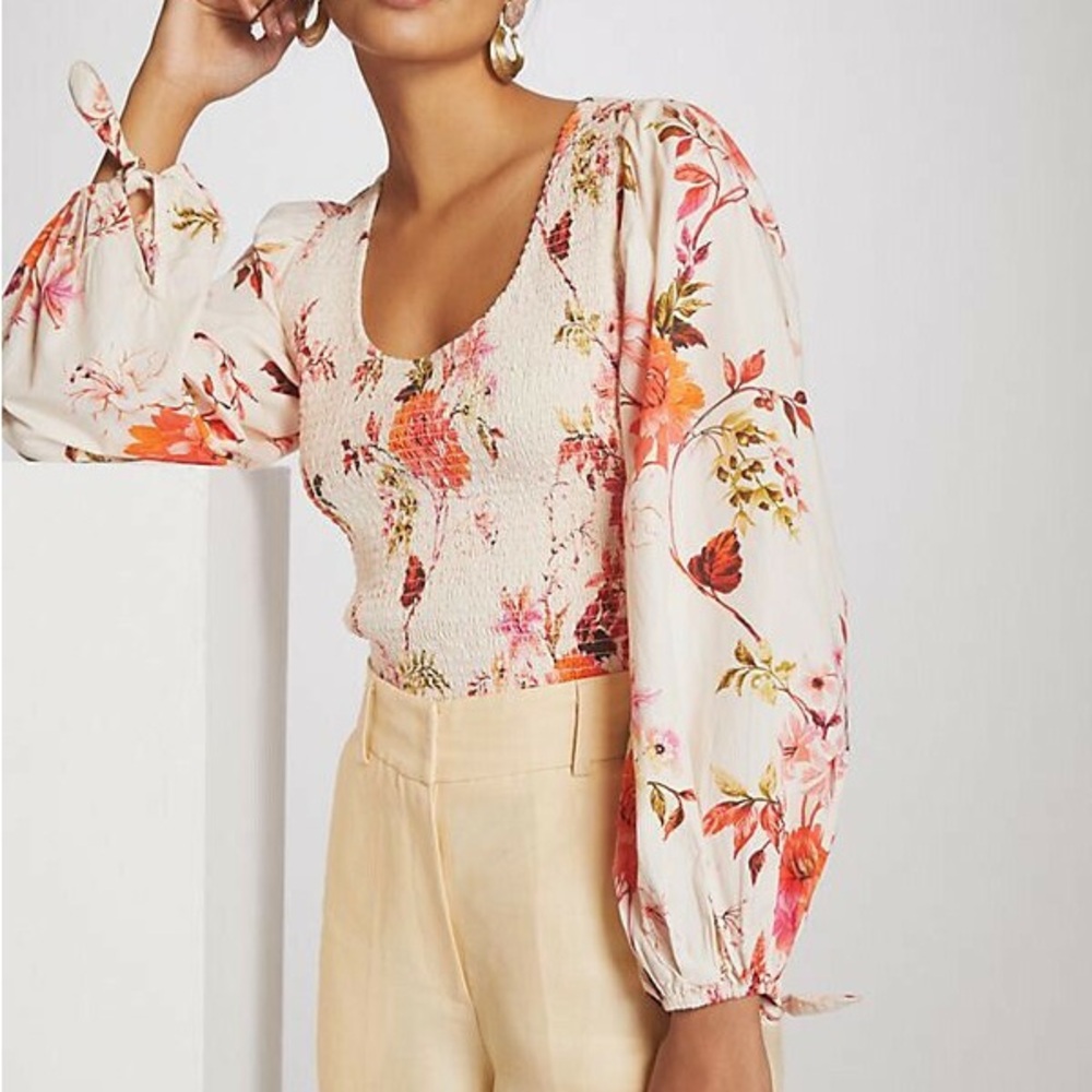 Anthropologie Cream Bishop Sleeve Smocked Blouse